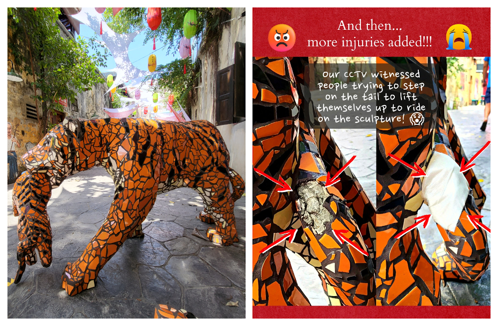 Left picture shows the Malayan tigers after the installation while the second picture shows the damage on parts of the tiger. u00e2u20acu201d Pictures via KwaiChaiHong