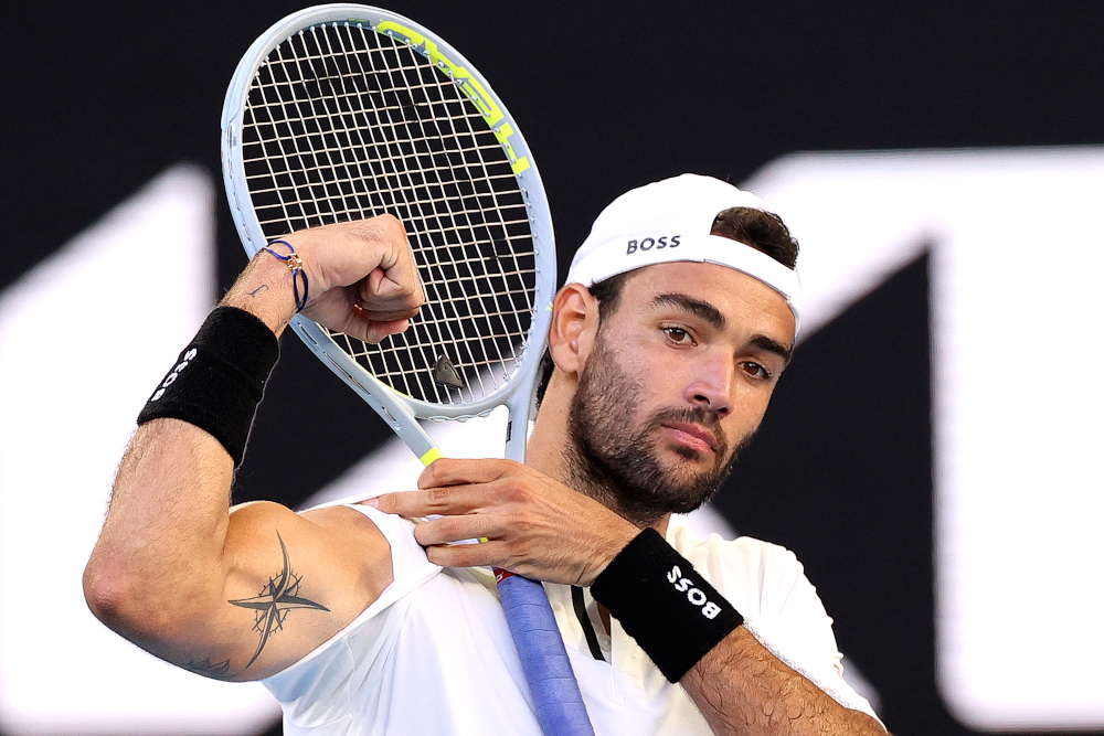 Italyu00e2u20acu2122s Matteo Berrettini shows his muscles after winning the match against against Spainu00e2u20acu2122s Carlos Alcaraz during their menu00e2u20acu2122s singles match on day five of the Australian Open tennis tournament in Melbourne, January 21, 2022. u00e2u20acu201d AFP pic 