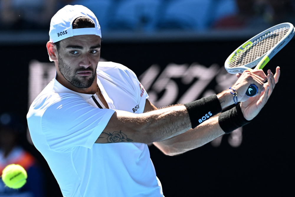 Italyu00e2u20acu2122s Matteo Berrettini hits a return against USAu00e2u20acu2122s Brandon Nakashima during their menu00e2u20acu2122s singles match on day one of the Australian Open tennis tournament in Melbourne, January 17, 2022. u00e2u20acu201d AFP pic 