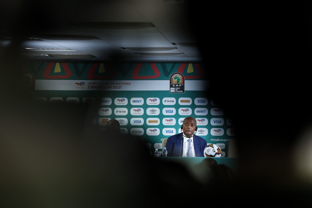 Confederation of African Football (CAF) President Patrice Motsepe is seen during a press conference on January 25, 2022 at Ahmadou Ahidjo stadium in Yaounde. u00e2u20acu201d AFP picnn