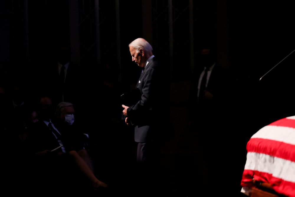 US President Joe Biden walks past the coffin as he attends the memorial service honoring former US Senate Majority Leader Harry Reid at The Smith Center for the Performing Arts in Las Vegas, Nevada, US, January 8, 2022. u00e2u20acu201d Reuters pic