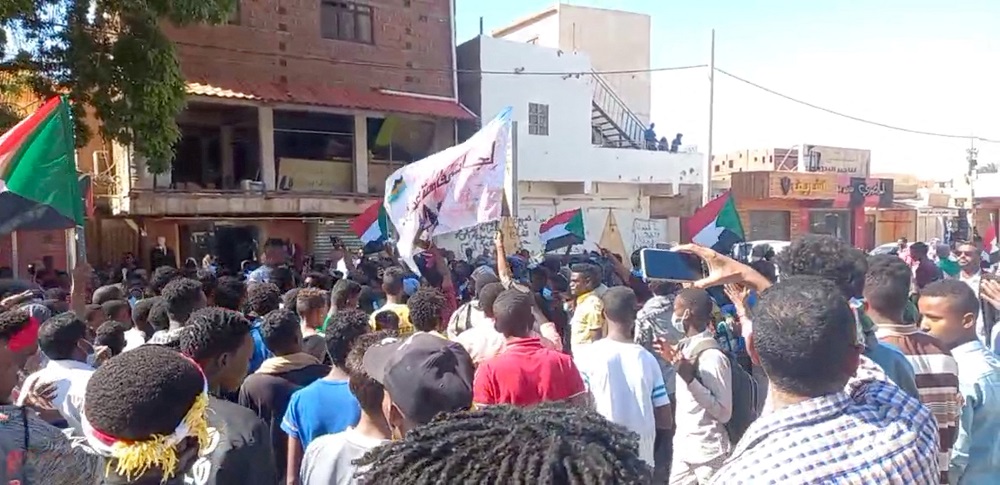 Demonstrators take part in a protest against military rule, in Khartoum North, Sudan December 30, 2021 in this screengrab obtained from a social media video. u00e2u20acu2022 Resistance Committees Atbara/Handout via Reuters