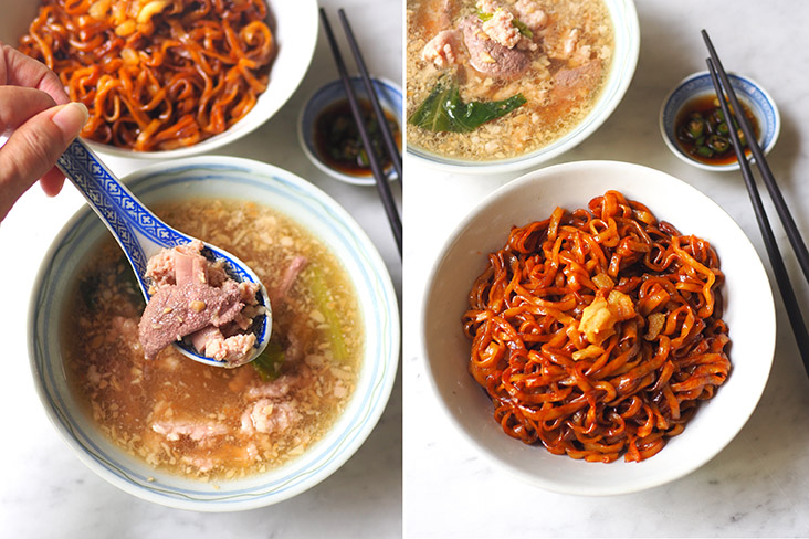 Enjoy fluffy minced pork, pig's intestines and liver with a sweet tasting broth laced with fried garlic (left). Your dry noodles are tossed with dark soy sauce and garnished with lard fritters for extra flavour (right)