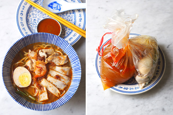 Try out Uncle Sam Prawn Mee that used to be at Petaling Jaya's Section 17 (left). The takeaway prawn mee broth can be easily heated up in a pot and poured over the noodles (right)
