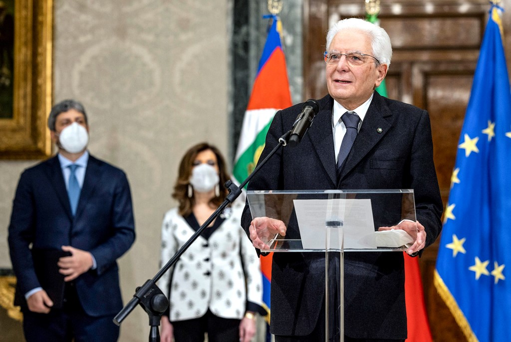 Photo taken and released on January 29, 2022, by the press office of the presidential Quirinale Palace shows Italian President Sergio Mattarella delivering a speech after his re-election, following the 8th round of voting, in Rome. u00e2u20acu201d AFP pic