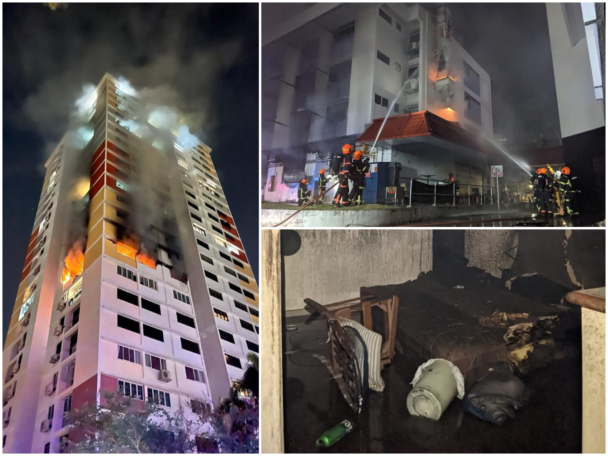 Fires broke out overnight at (clockwise from left) Block 39 Telok Blangah Rise, Block 204 Bedok North Street 1 and Block 941 Tampines Avenue 5. u00e2u20acu201d AFP picnn