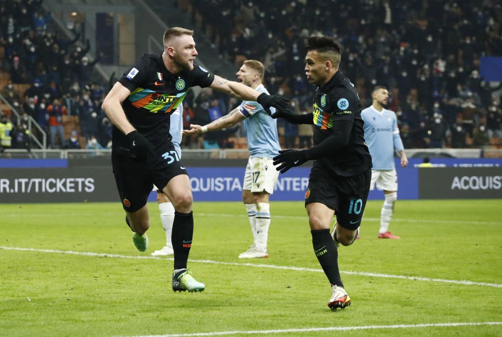 Inter Milan's Milan Skriniar celebrates scoring their second goal against Lazio with Lautaro Martinez (right) at San Siro, Milan January 9, 2022. u00e2u20acu201d Reuters picnn