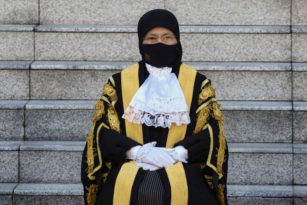 Chief Justice Tun Tengku Maimun Tuan Mat pose for the cameras at the Opening of the Legal Year 2022 at the Palace of Justice in Putrajaya January 14, 2022. u00e2u20acu201d Picture by Yusof Mat Isa
