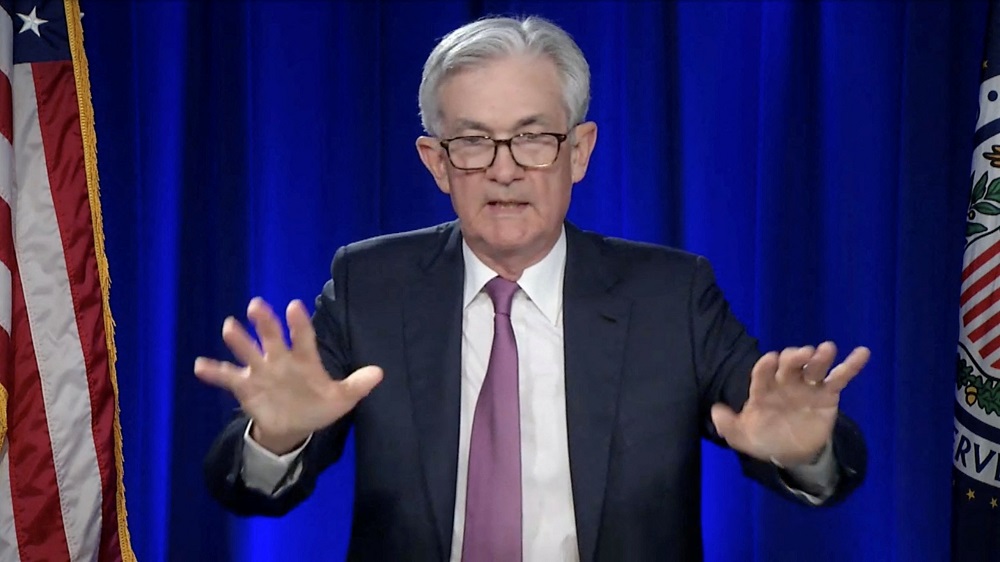 US Federal Reserve Chairman Jerome Powell addresses an online only news conference in a frame grab from US Federal Reserve video broadcast from the Federal Reserve building in Washington, January 26, 2022. u00e2u20acu2022 US Federal Reserve Board/Handout via Reuters
