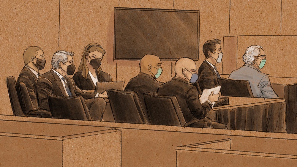 Former police officers Thomas Lane, Alex Kueng and Tou Thao attend a hearing with their lawyers in St. Paul, Minneapolis January 11, 2022. ― Cedric Hohnstadt Illustration via Reuters