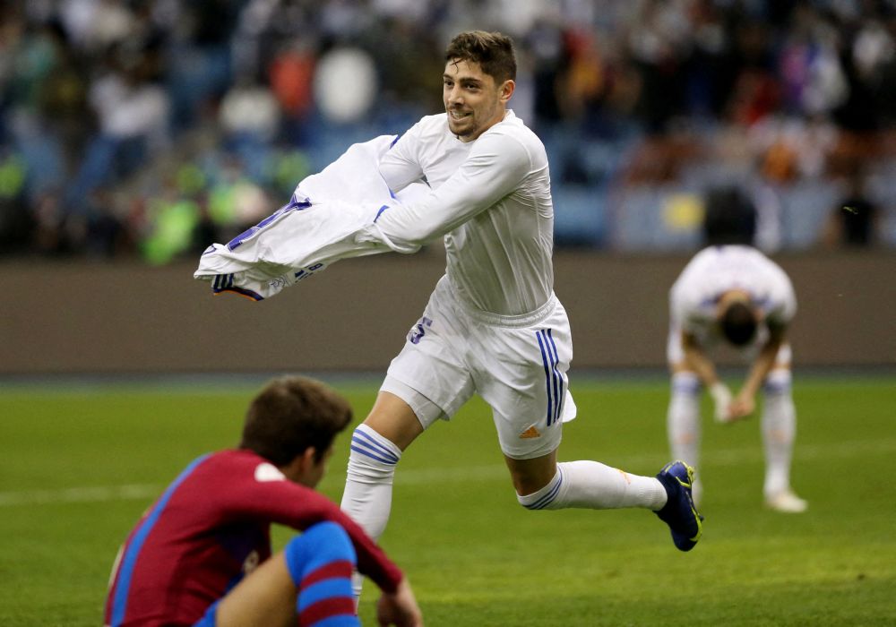 Real Madrid's Federico Valverde celebrates scoring their third goal against Barcelona at the King Fahd International Stadium, Riyadh January 12, 2022. u00e2u20acu201d Reuters pic