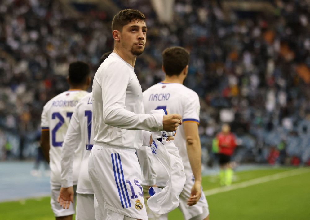 Real Madrid's Federico Valverde celebrates scoring their third goal against Barcelona at the King Fahd International Stadium, Riyadh January 12, 2022. u00e2u20acu201d Reuters pic