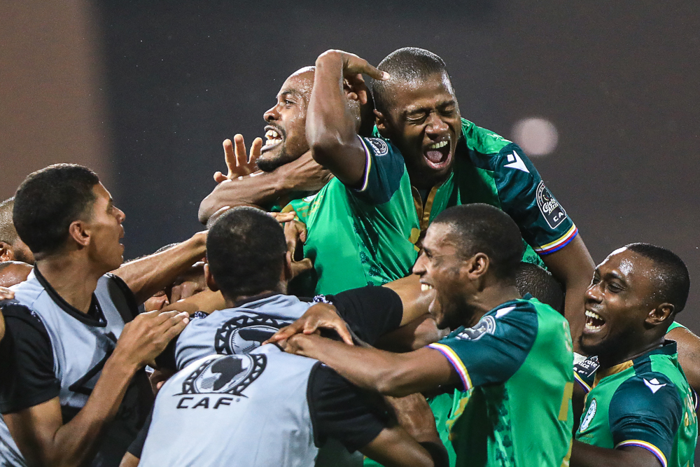 Comorosu00e2u20acu2122 forward Ahmed Mogni (centre) celebrates with teammates after scoring his teamu00e2u20acu2122s second goal during the Group C Africa Cup of Nations 2021 match between Ghana and Comoros at Stade Roumde Adjia in Garoua, January 18, 2022. u00e2u20acu201d AFP pic 