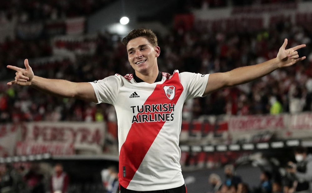 River Plateu00e2u20acu2122s forward Julian Alvarez celebrates after scoring the teamu00e2u20acu2122s second goal against Racing Club during their Argentine Professional Football League match at the Monumental stadium in Buenos Aires November 26, 2021. u00e2u20acu201d AFP pic