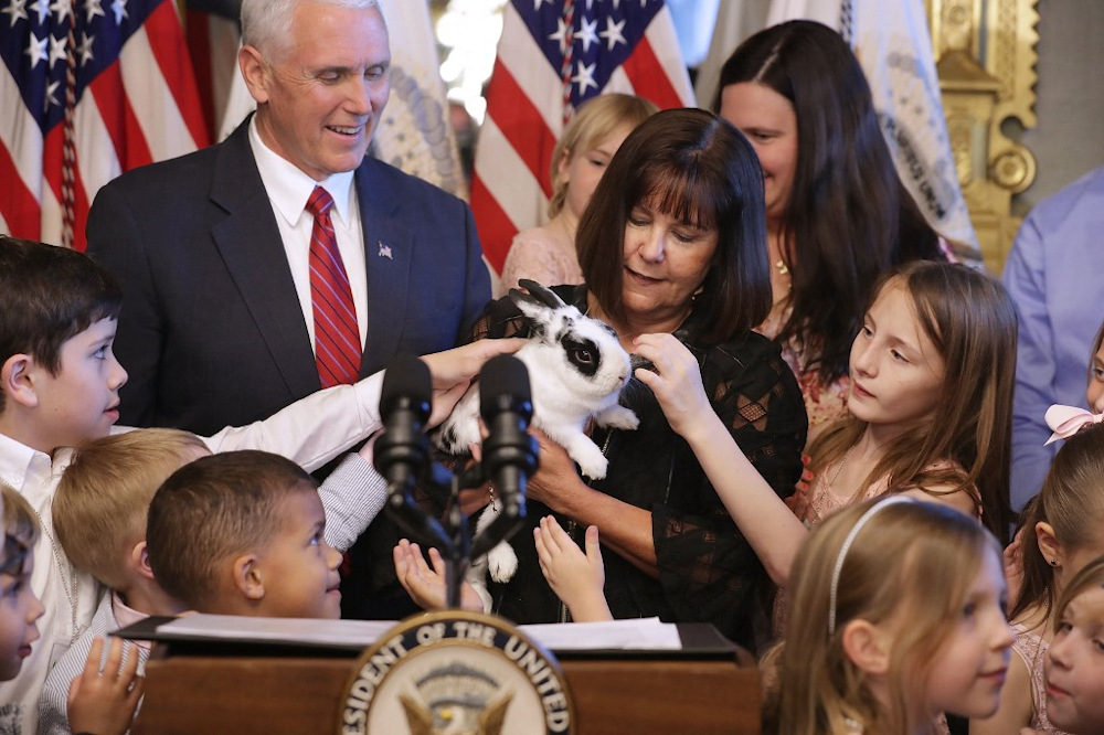 In this file photo taken on May 9, 2017 Vice President Mike Pence and his wife Karen Pence let children pet their family rabbit u00e2u20acu02dcMarlon Bundou00e2u20acu2122 during an event in Washington, DC. u00e2u20acu201d AFP pic