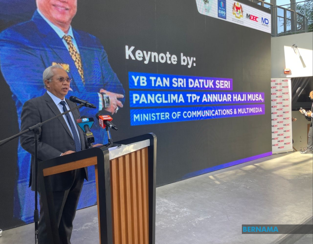 Communications and Multimedia Minister Tan Sri Annuar Musa delivers a speech at Dubai Expo, January 12, 2022. u00e2u20acu201d Picture from Twitter/Bernama 