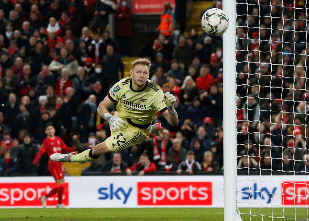 Arsenal's Aaron Ramsdale in action against Liverpool during the League Cup match at Anfield, Liverpool January 13, 2022. u00e2u20acu201d Reuters pic