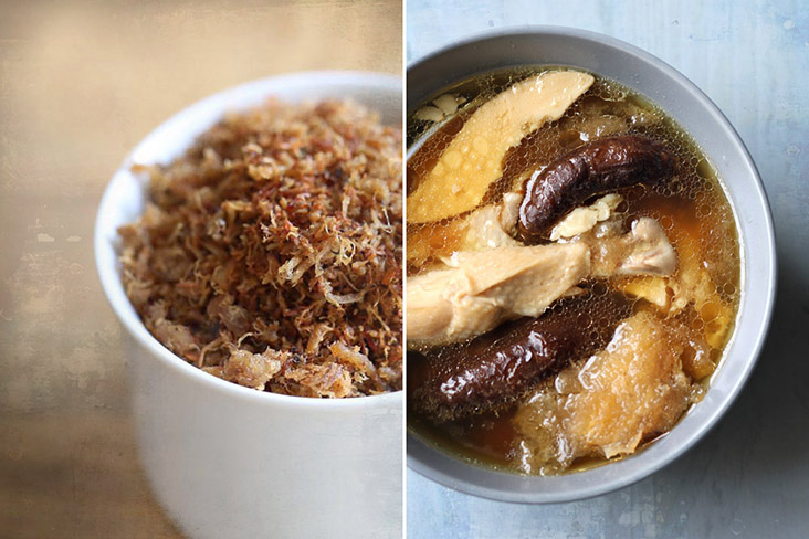 Homemade meat floss (left). Nourishing abalone and fish maw soup (right).