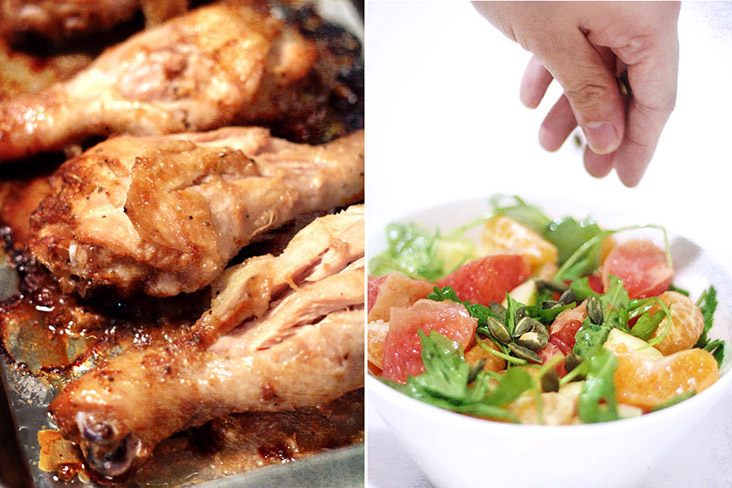 Savoury, sticky ‘Abundance Chicken’ (left). A tangy salad of mandarin oranges, rocket and sunflower seeds (right).