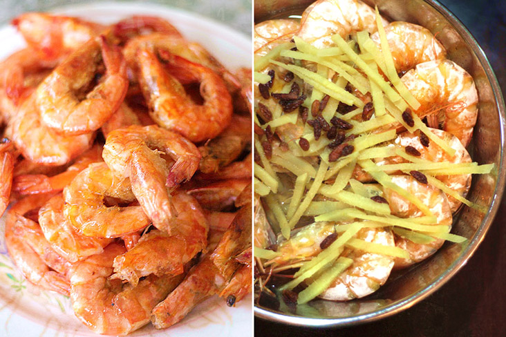 Double happiness with tomato chilli prawns (left) and steamed prawns with ginger and wolfberries (right).