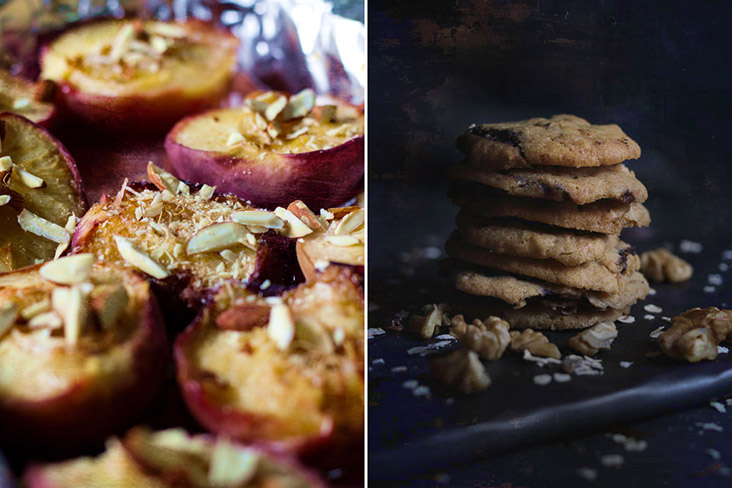 Honey baked peaches with almond flakes (left). Dark chocolate chip cookies with espresso (right).