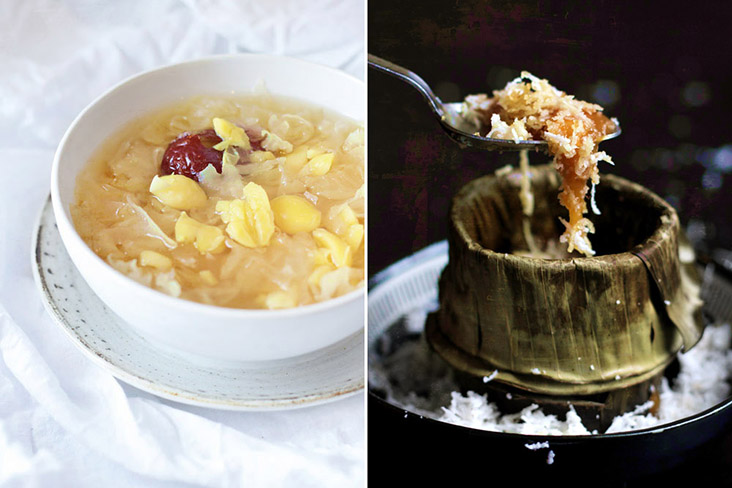 Snow fungus 'tong sui' with ginkgo and red dates (left). Steamed 'nian gao' with grated coconut (right).