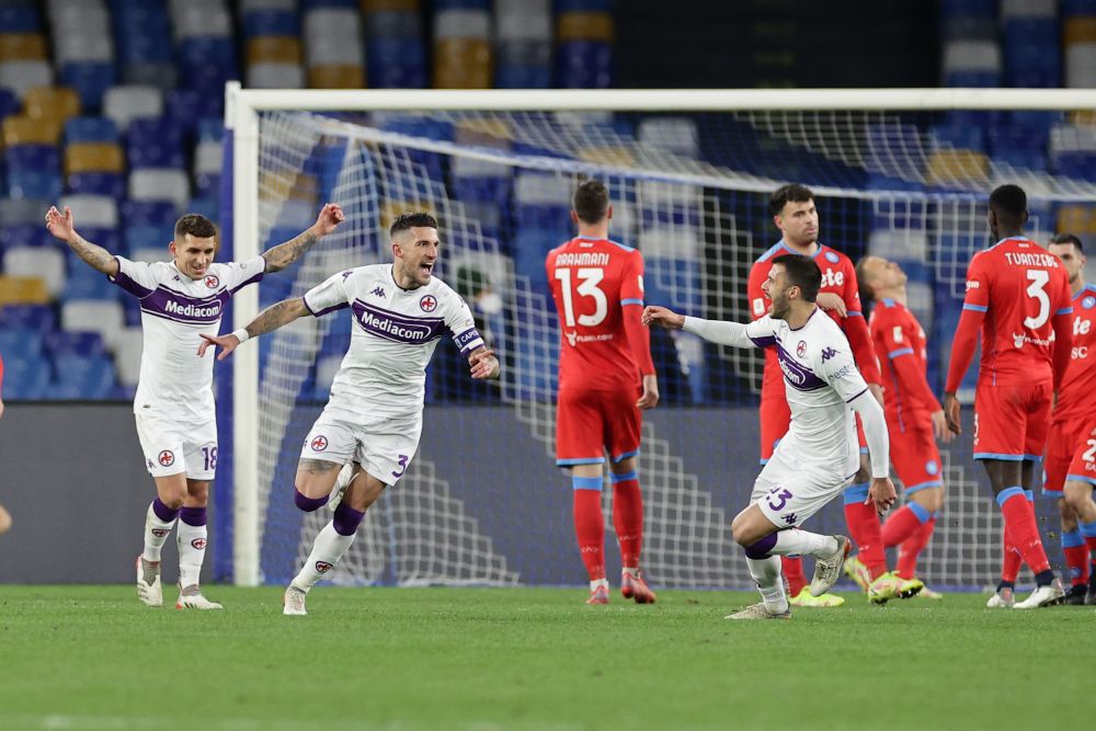 Fiorentinau00e2u20acu2122s Cristiano Biraghi celebrates after scoring against Napoli in the Italian Cup at the Diego Armando Maradona Stadium in Napoli January 13, 2022. u00e2u20acu201d Reuters pic