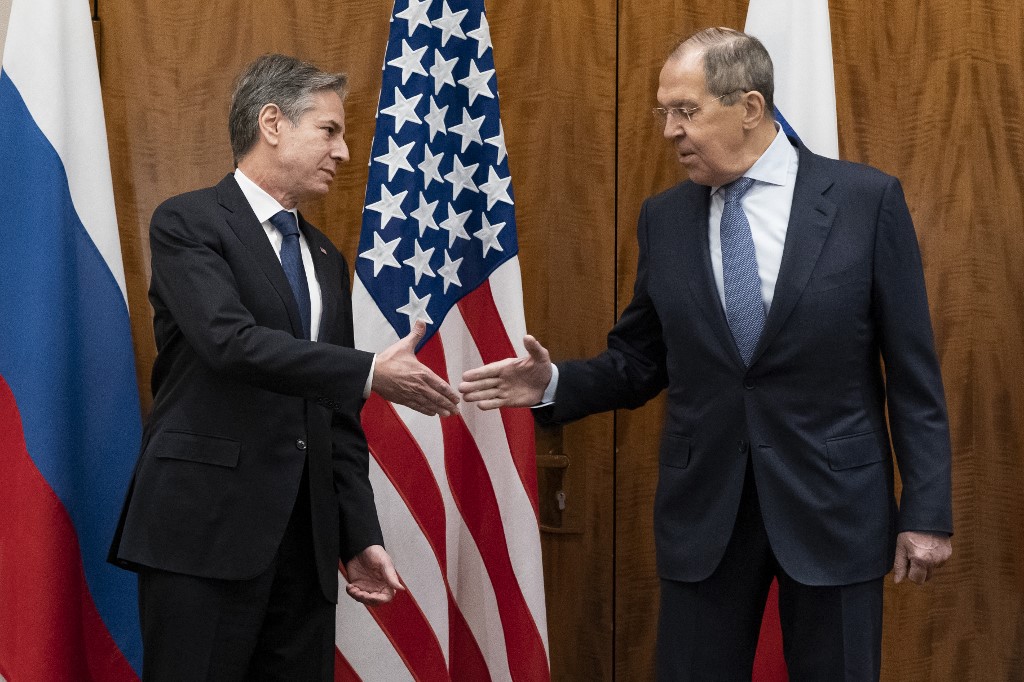 US Secretary of State Antony Blinken (left) greets Russian Foreign Minister Sergey Lavrov before their meeting, in Geneva, on January 21, 2022. u00e2u20acu201d AFP pic