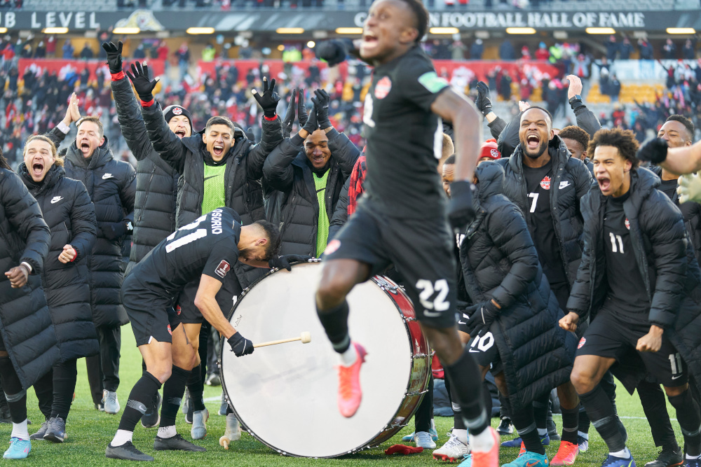 Canadau00e2u20acu2122s menu00e2u20acu2122s national football team celebrates their win over the United States in their World Cup qualifying match in Hamilton, Ontario, January 30, 2022. u00e2u20acu201d AFP picnn
