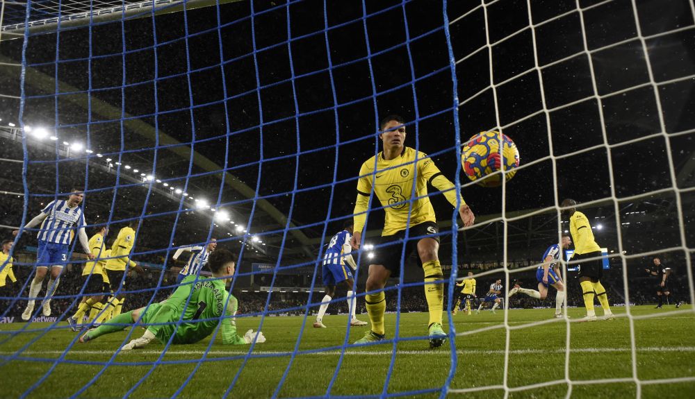 Brighton & Hove Albion's Adam Webster celebrates scoring their first goal against Chelsea as defender Thiago Silva looks on at the Amex Stadium, Brighton January 18, 2022. u00e2u20acu201d Reuters  picnn