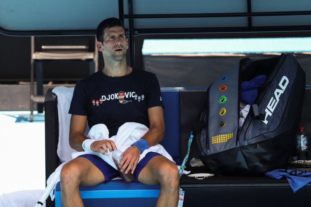 Serbian tennis player Novak Djokovic rests during practice at Melbourne Park as questions remain over the legal battle regarding his visa to play in the Australian Open January 12, 2022. u00e2u20acu201d Reuters pic