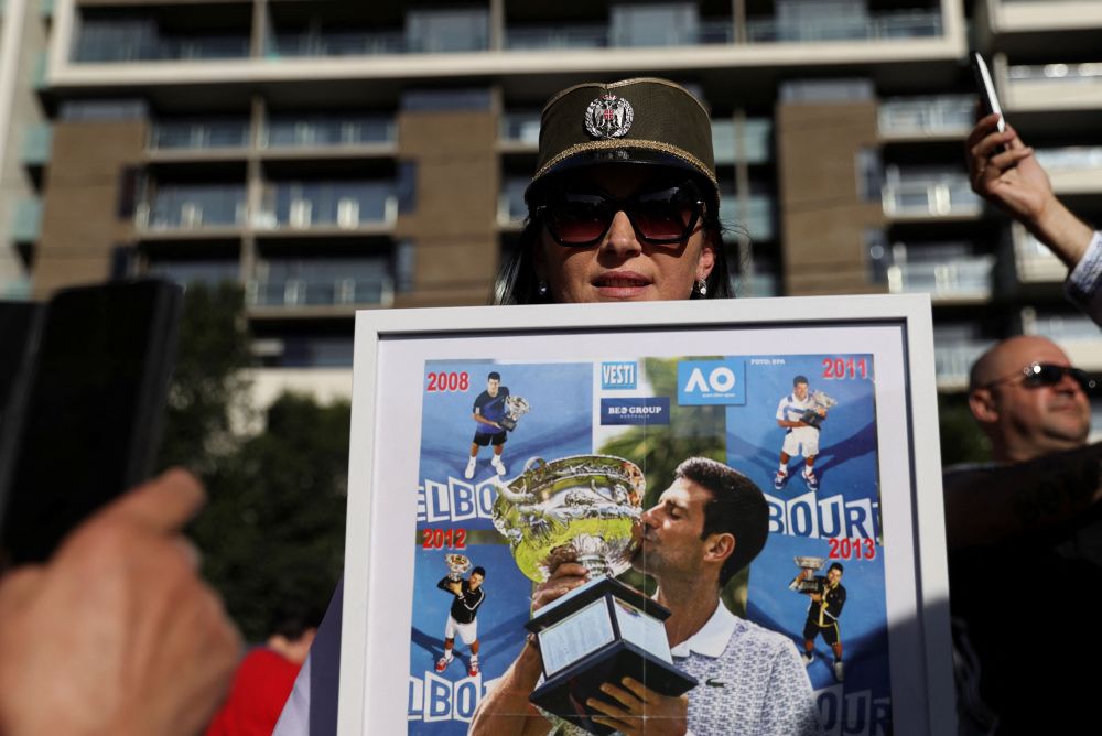 Supporters of Serbian tennis player Novak Djokovic rally outside the Park Hotel, where the star athlete is believed to be held in Melbourne January 9, 2022. u00e2u20acu201d Reuters pic