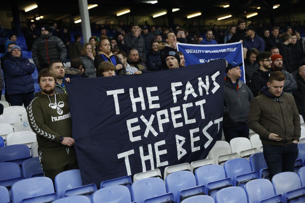 Everton fans display banners as they protest against the board inside the stadium after the match against Aston Villa at Goodison Park, Liverpool January 22, 2022. u00e2u20acu201d Reuters pic