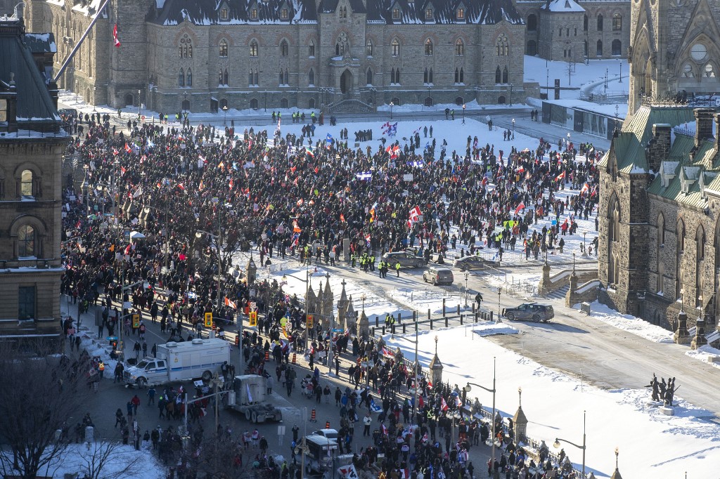 Supporters arrive at Parliament Hill for the Freedom Truck Convoy to protest against Covid-19 vaccine mandates and restrictions in Ottawa, Canada, on January 29, 2022. u00e2u20acu201d AFP pic