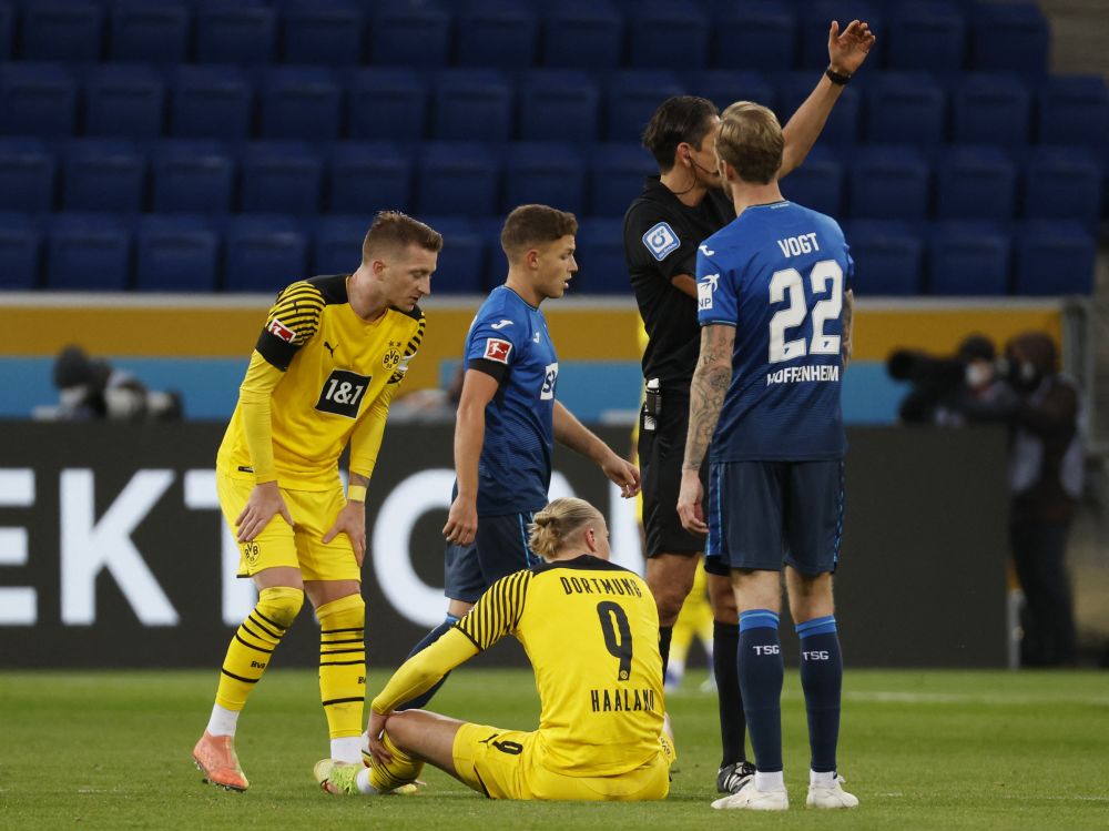 Borussia Dortmund's Erling Braut Haaland sustains an injury against Hoffenheim at the PreZero Arena, Sinsheim January 22, 2022. u00e2u20acu201d Reuters picn