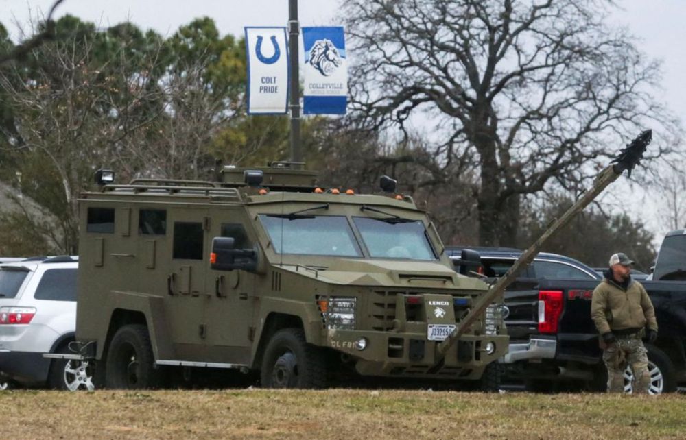 An armoured law enforcement vehicle is seen in the area where a man has reportedly taken people hostage at a synagogue during services that were being streamed live, in Colleyville, Texas, US, January 15, 2022. u00e2u20acu201d Reuters pic