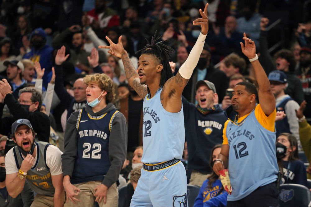 Memphis Grizzlies guard Ja Morant (12) reacts after a basket during the second half against the Golden State Warriors at FedExForum in Memphis January 11, 2022. u00e2u20acu201d Reuters picnn