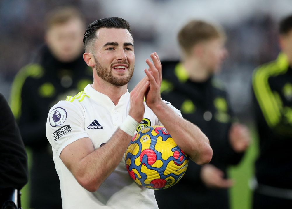 nLeeds United's Jack Harrison celebrates with the match ball after the match against West Ham at the London Stadium, London January 16, 2022. u00e2u20acu201d Reuters picn