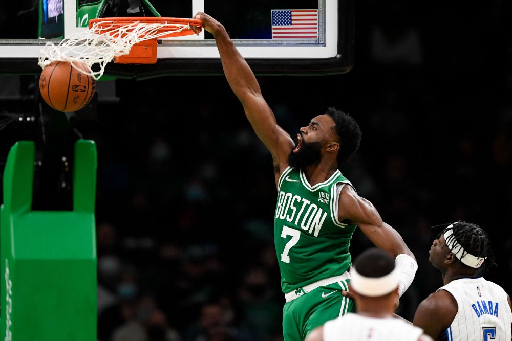 Boston Celtics guard Jaylen Brown (7) dunks and scores against against the Orlando Magic during the second half at the TD Garden in Boston January 2, 2022. u00e2u20acu201d Reuters pic