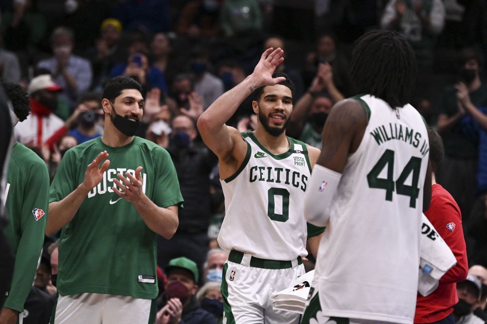 Boston Celtics forward Jayson Tatum (0) celebrates with teammates after scoring 51 points against the Washington Wizards at Capital One Arena, Washington January 23, 2022. u00e2u20acu201d Reuters pic