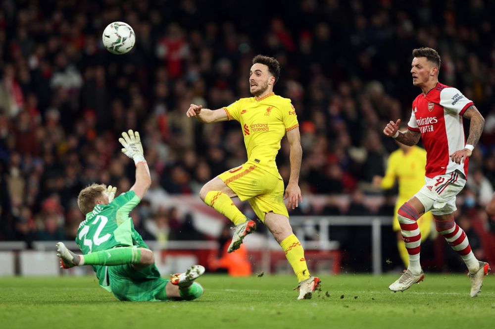 Liverpool's Diogo Jota scores their second goal against Arsenal at the Emirates Stadium, London January 20, 2022. u00e2u20acu201d Reuters pic
