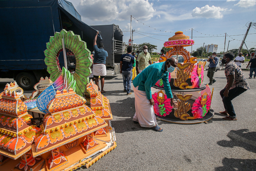 Kavadi makers and bearers in Ipoh with their completed kavadi in Ipoh, Perak, January 14, 2022. u00e2u20acu201d Picture by Farhan Najib 