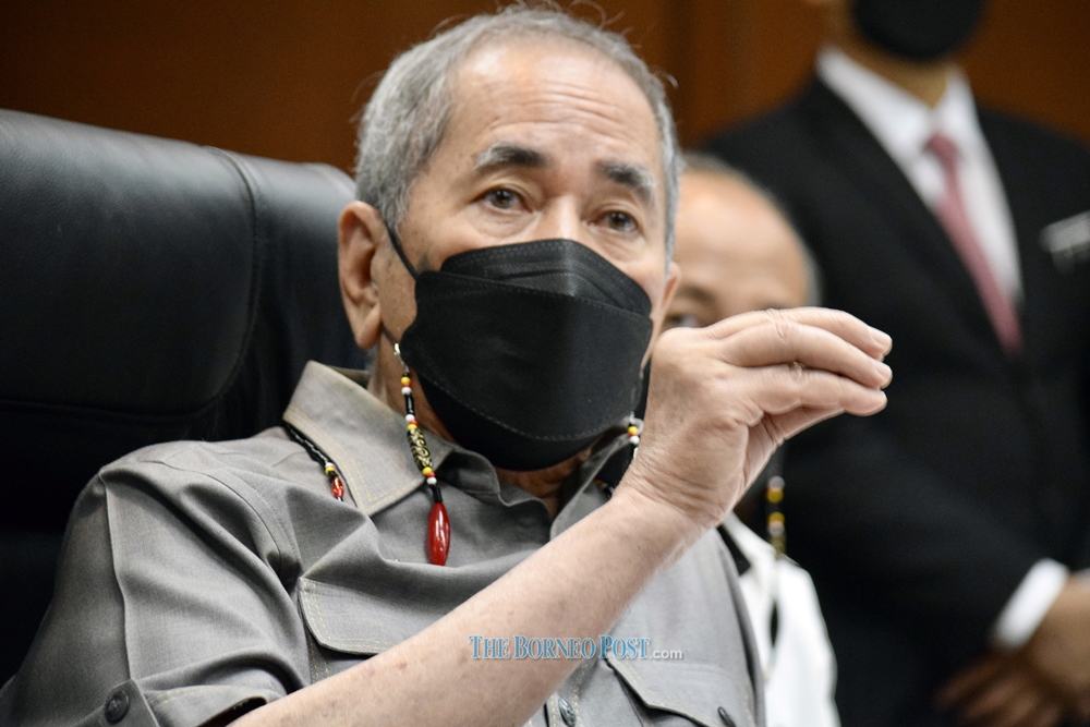 Datuk Seri Wan Junaidi Tuanku Jaafar speaking to reporters at Kuching Court Complex January 9, 2022. u00e2u20acu201d Borneo Post pic