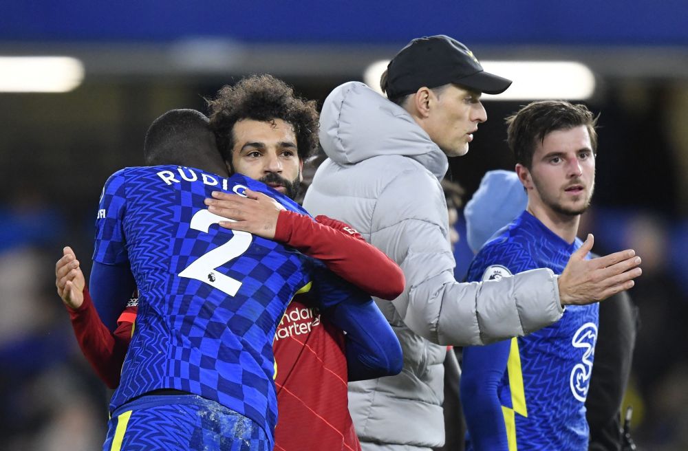 Liverpool's Mohamed Salah and Chelsea's Antonio Rudiger embrace after the match as Chelsea manager Thomas Tuchel and Mason Mount look on at Stamford Bridge, London January 2, 2022. u00e2u20acu201d Reuters pic
