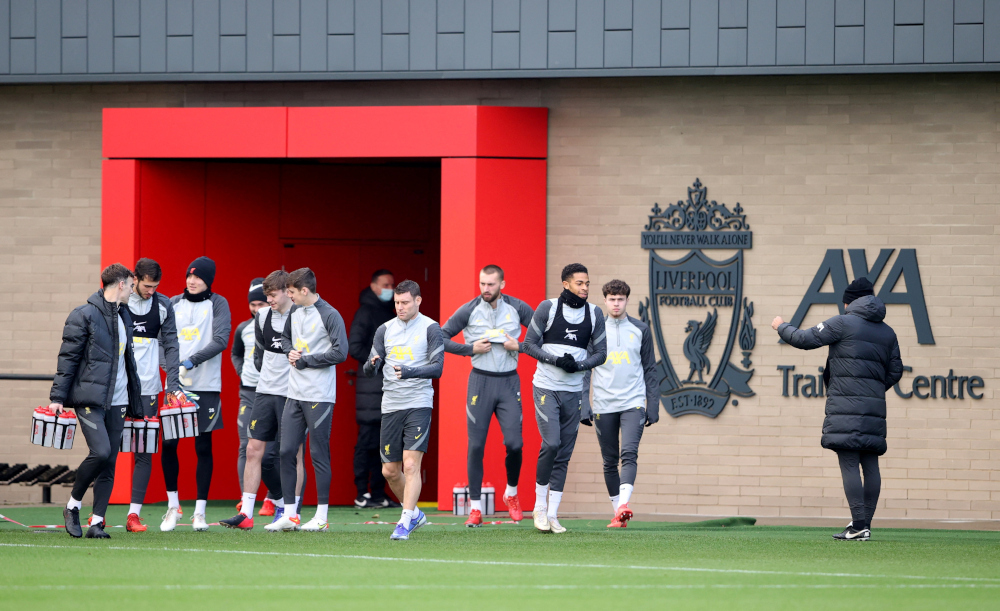 Liverpool players come out for training at AXA Training Centre, Liverpool, Britain, December 6, 2021. Action Images via Reuters