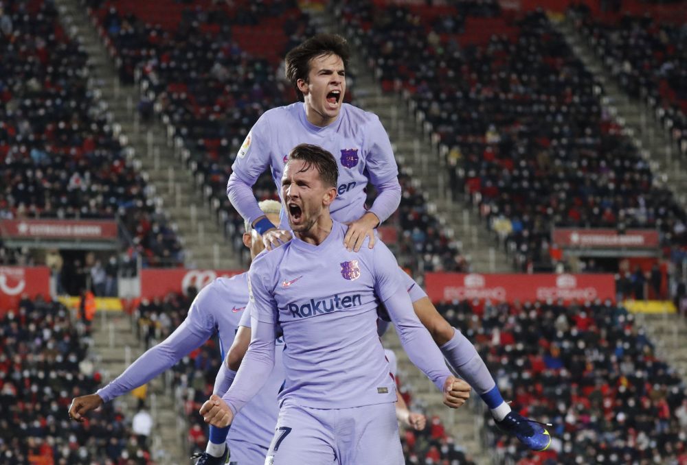 FC Barcelona's Luuk de Jong celebrates scoring their first goal against RCD Mallorca with Riqui Puig at Mallorca Stadium, Palma January 2, 2022. u00e2u20acu201d Reuters pic