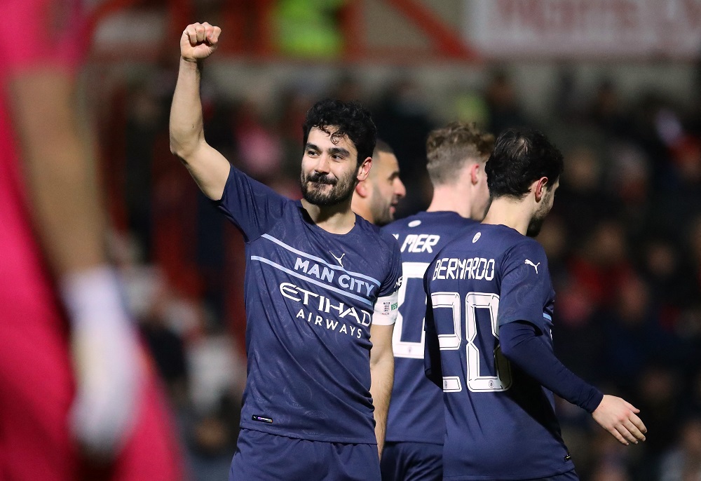Manchester City's Ilkay Gundogan celebrates after coring the third goal against Swindon Town January 8, 2022. u00e2u20acu2022 Reuters pic