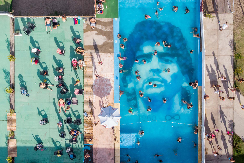 An aerial view of a huge underwater image of the late Argentine Diego Maradona, at Balneario 12 beach club, Mar del Plata, Argentina, January 3, 2022. u00e2u20acu201d Diego Izquierdo/Telam handout pic via AFP 