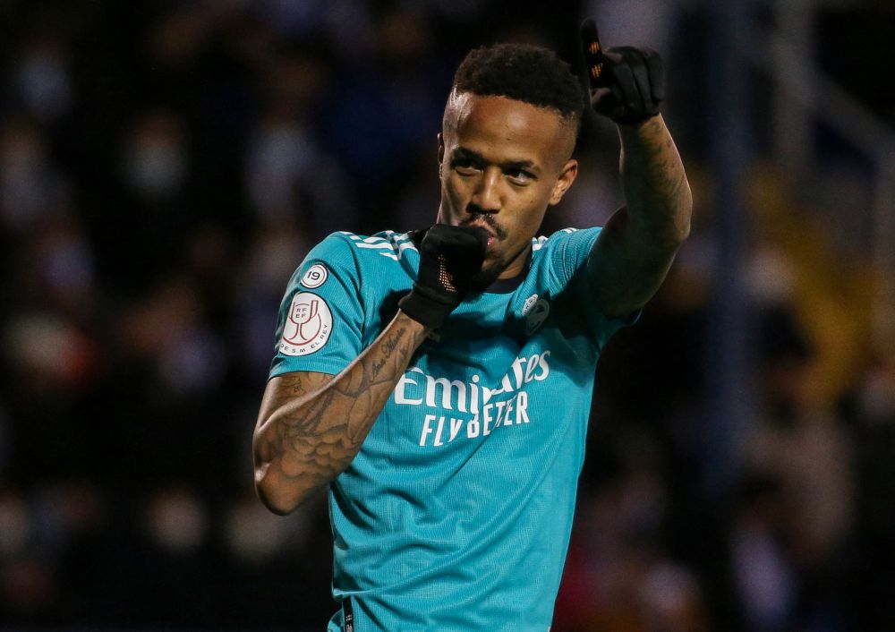 Real Madrid defender Eder Militao celebrates after scoring his team's first goal in the Copa del Rey match against Alcoyano at the El Collao Stadium in Alcoy on January 5, 2022. u00e2u20acu201d AFP pic