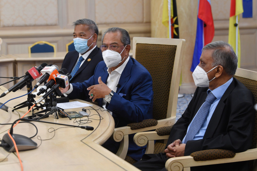 National Recovery Council chairman Tan Sri Muhyiddin Yassin speaks at a media conference after chairing the NRC meeting in Putrajaya, January 10, 2022. u00e2u20acu201d Bernama pic 